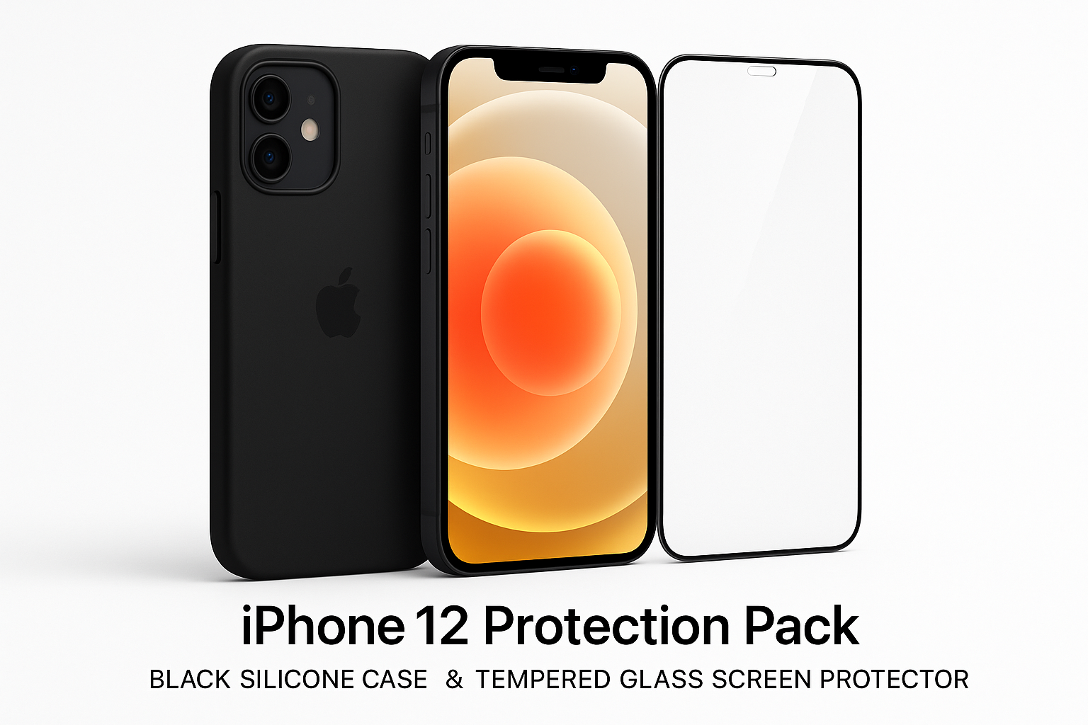 Pack de protection iPhone 12 avec coque silicone noire et verre trempé